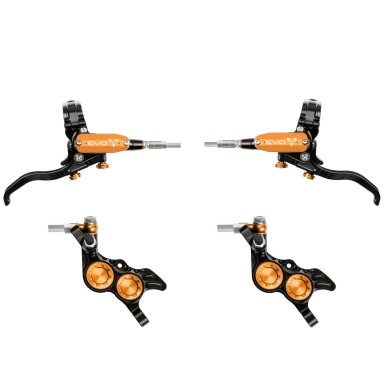 Hope Tech 4 EVO GR4 Disc Brake Set - Black / Orange - Braided Hose | PureBike