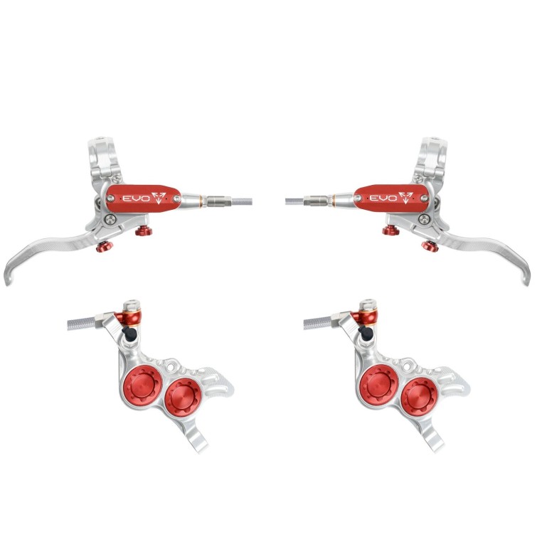 Hope Tech 4 Evo GR4 Disc Brake Set - Silver / Red - Braided Hose