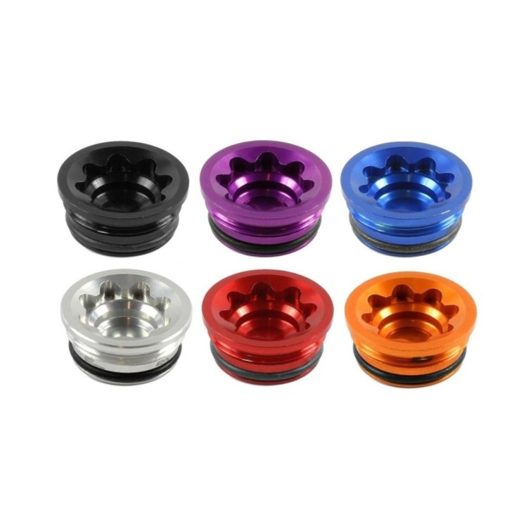 Bore cap pour étrier RX4+ DOT (Large) en couleur noir, violet, bleu, argent, rouge et orange