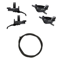 Complete Shimano Deore XT M8220 brake upgrade kit with levers, 4-piston calipers, hoses, finned pads, and oil