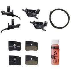Kit completo de frenos Shimano Deore XT M8220 con manetas, pinzas de 4 pistones, latiguillos, pastillas con aletas y aceite