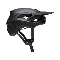 Side profile view of the Fox Speedframe Solid MTB helmet in matte black with adjustable visor and air vents