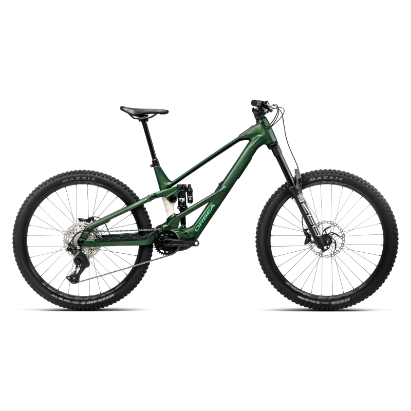 Orbea Wild LT H20 Mullet electric mountain bike in Racing Green and White Cream, side view on white background
