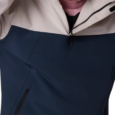 Close-up of the half-zip collar and chest on the Fox Ranger Wind Pullover Chalk jacket with the Fox Head logo.