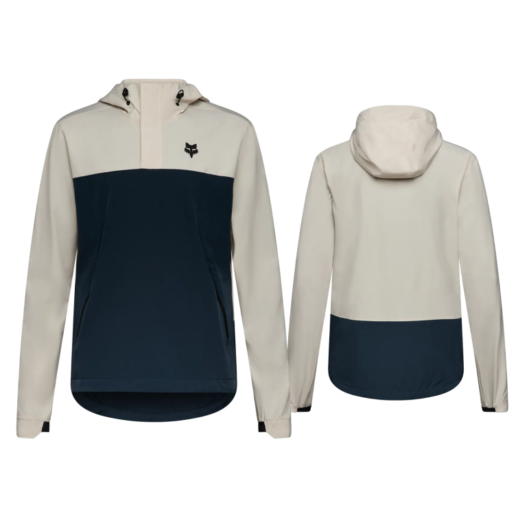 Fox Ranger Wind Pullover MTB jacket in Chalk white and navy blue, front and back flat views.