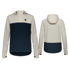 Fox Ranger Wind Pullover MTB jacket in Chalk white and navy blue, front and back flat views.