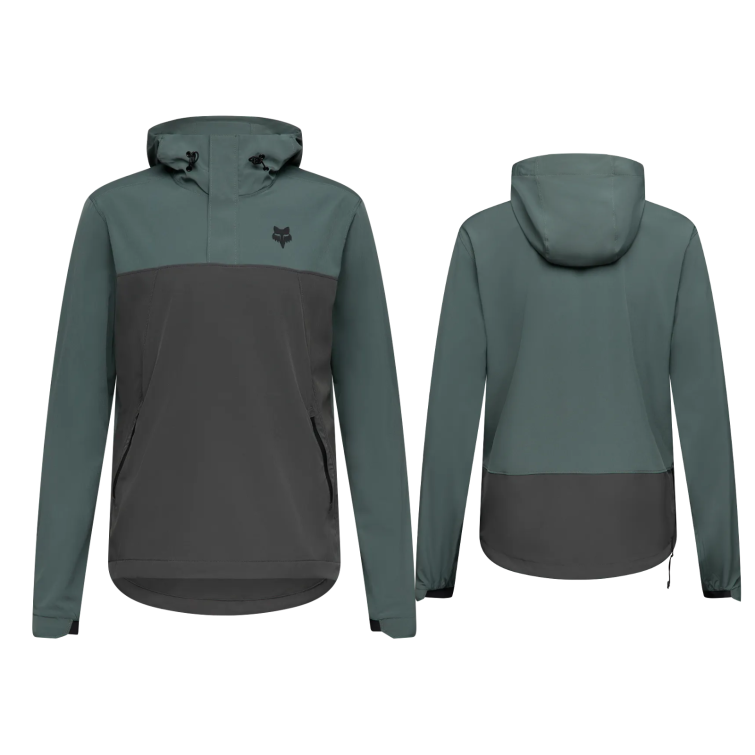 Fox Ranger Wind Pullover MTB jacket in Sage green and charcoal grey, front and back flat views.
